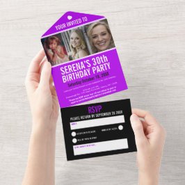 Invitación Todo En Uno Negro morado tres fotos 30 fiesta de cumpleaños