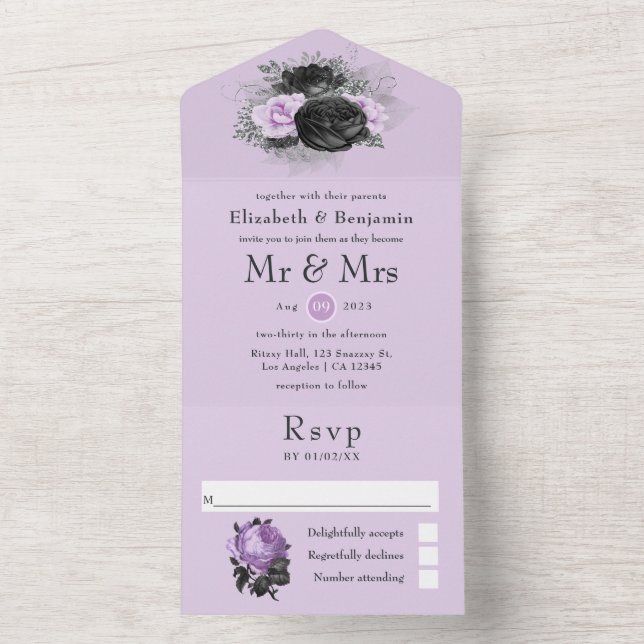 Invitación Todo En Uno Negro morado y plateado floral Boda gótico todo (Interior)