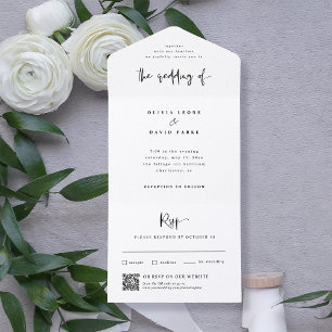 Invitación Todo En Uno Negro y blanco moderno   Código QR Boda