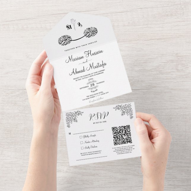Invitación Todo En Uno Negro y blanco Moderno Mínimo Floral Islámico Nika (desgarro)