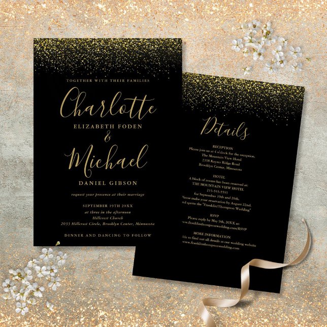 Invitación Todo en uno negro y dorado con brillo y escritura  (All In One Black And Gold Glitter Script Wedding Invitation)