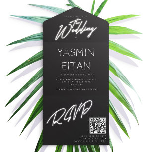 Invitación Todo En Uno Neon Lights Black & White Glam Boda