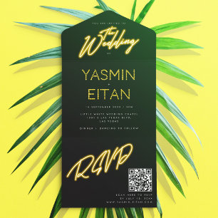 Invitación Todo En Uno Neon Lights Boda de código QR negro amarillo