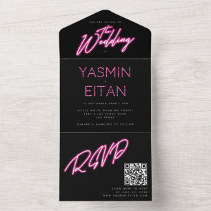 Invitación Todo En Uno Neón negro rosado caliente alumbrado Boda Girona