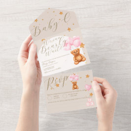 Invitación Todo En Uno Neutral Teddy Bear Hot Air Balloon Baby Shower