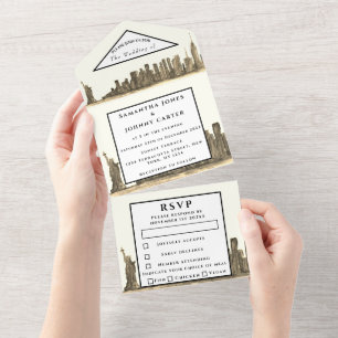 Invitación Todo En Uno New York RSVP Watercolor Negro Boda moderno todo