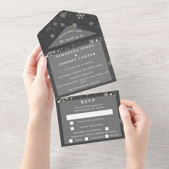 Invitación Todo En Uno Nieve Nieve Gris e invierno maravilla Boda todo (desgarro)