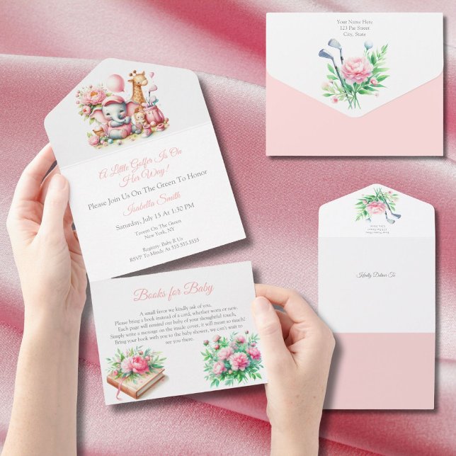 Invitación Todo En Uno Niña Rosa Elefante y Giraffe Golf Baby Shower (Perfect for golf-loving parents-to-be expecting a baby girl's arrival soon!)
