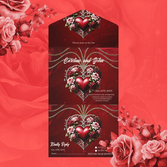 Invitación Todo En Uno Noble corazón gótico con flores. (Gothic heart)