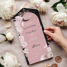 Invitación Todo En Uno Noche estrellada Luna Celestial Quinceanera Floral
