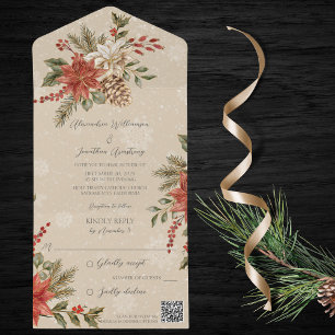 Invitación Todo En Uno Nochebuenas con Acebo sobre Código QR Beige Nevado