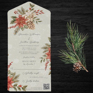 Invitación Todo En Uno Nochebuenas y Acebo sobre Salvia Nevada Código QR