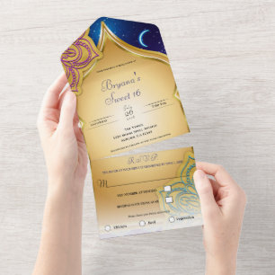 Invitación Todo En Uno Noches Árabes de Luna Azul Glam Oro Púrpura Dulces
