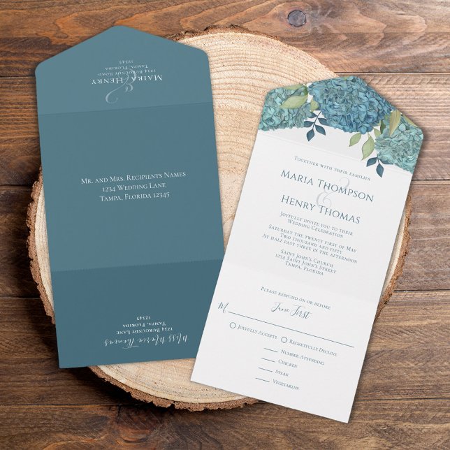 Invitación Todo En Uno Nombres de los destinatarios de invitados de Flora (Classic Blue Hydrangea meal choice tri fold invitation)