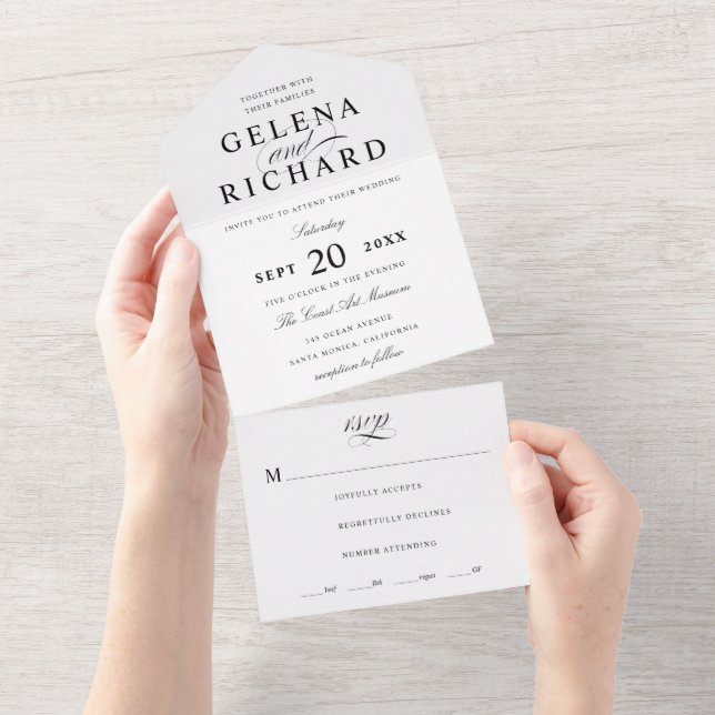 Invitación Todo En Uno Nombres elegantes Boda formal negro y blanco (desgarro)