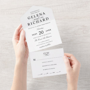 Invitación Todo En Uno Nombres elegantes Boda formal negro y blanco