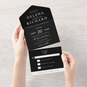 Invitación Todo En Uno Nombres elegantes Boda formal negro y blanco