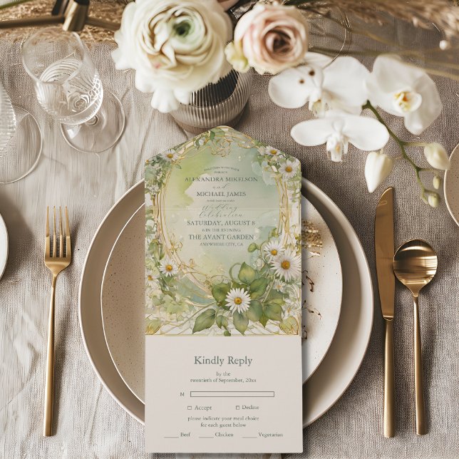 Invitación Todo En Uno Nouveau Daisies Ivory Green Boda (Subido por el creador)