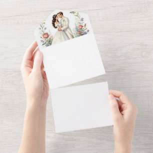 Invitación Todo En Uno Novia Romántica Novio Floral Elegante Pareja de Bo