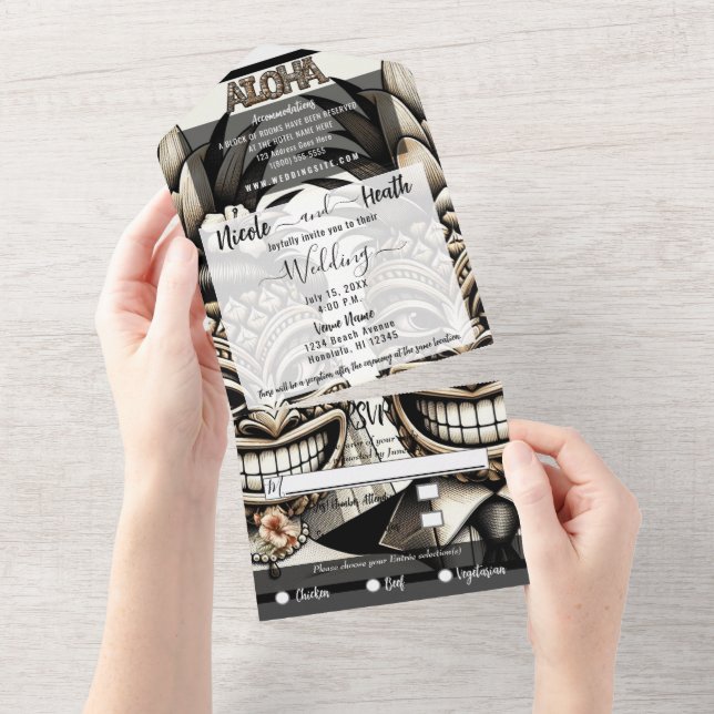 Invitación Todo En Uno Novia y Novio Cabeza de Tiki de Piña Aloha Boda  (desgarro)