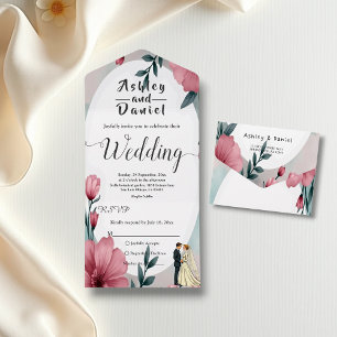 Invitación Todo En Uno Novia Y Novio Floral Acuarela Boda Elegante