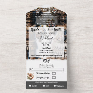 Invitación Todo En Uno Novia y novio Tiki polinesio hawaiano de boda 
