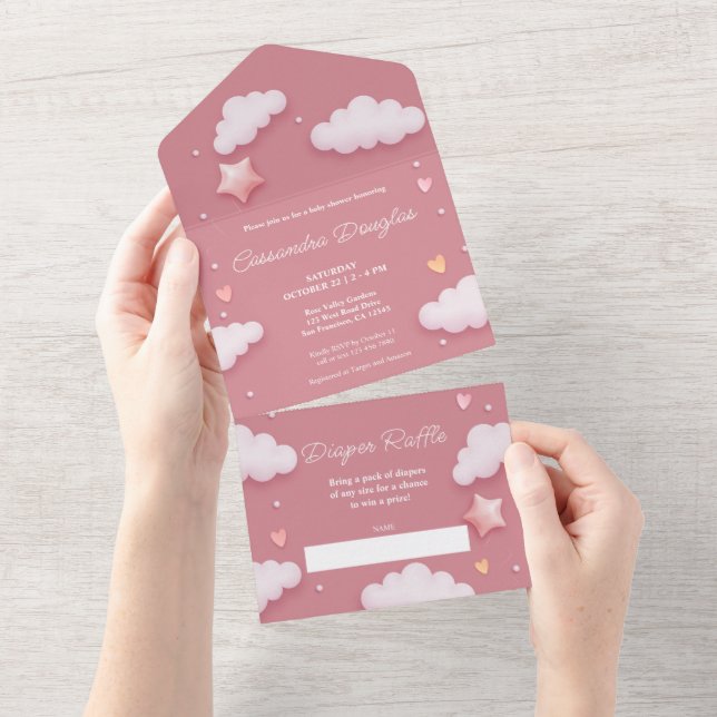 Invitación Todo En Uno Nubes rosadas Hola Baby Shower (desgarro)