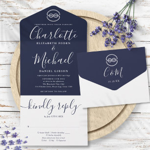 Invitación Todo En Uno Nudo Náutico Azul Marino y Blanco Bodas con Letra 
