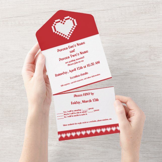 Invitación Todo En Uno Nuestros corazones de 8 bits en cereza (desgarro)