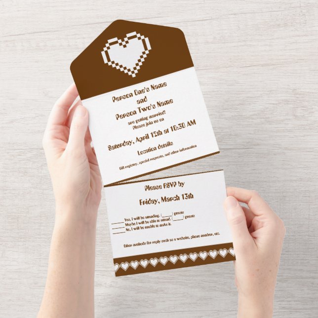 Invitación Todo En Uno Nuestros Corazones de 8 bits en Chocolate (desgarro)