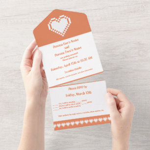 Invitación Todo En Uno Nuestros Corazones de 8 bits en Coral