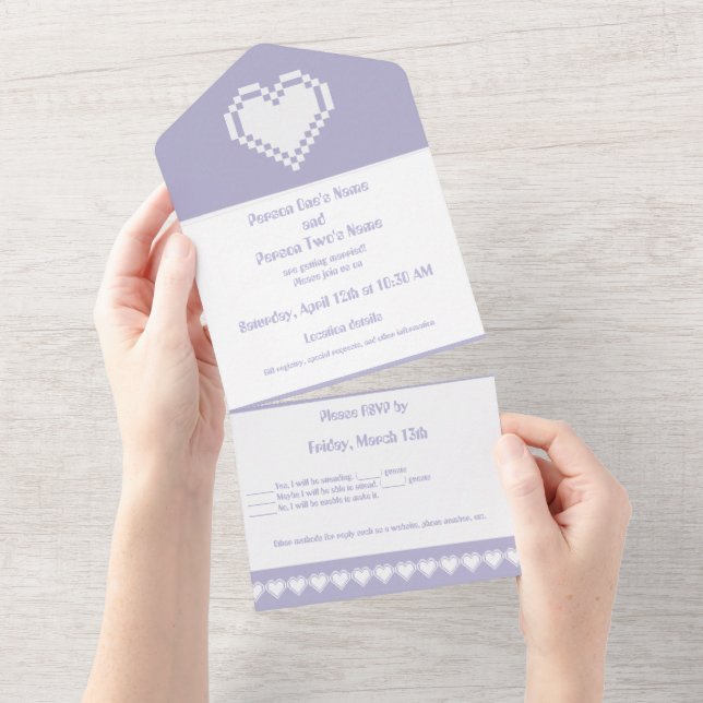 Invitación Todo En Uno Nuestros corazones de 8 bits en lavanda (desgarro)