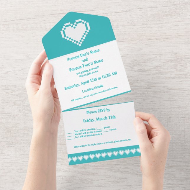 Invitación Todo En Uno Nuestros corazones de 8 bits en turquesa (desgarro)