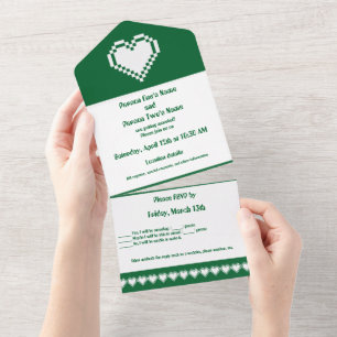 Invitación Todo En Uno Nuestros Corazones de 8 bits en Verde