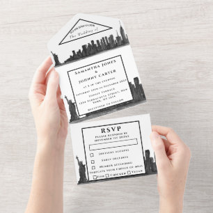 Invitación Todo En Uno Nueva York RSVP Watercolor Negro Boda moderno
