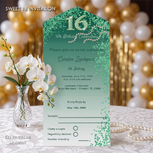 Invitación Todo En Uno Número de Caligrafía de Purpurina Verde Dulces 16
