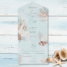 Invitación Todo En Uno Océano acuático moderno y conchas sin cena