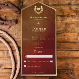 Invitación Todo En Uno Oeste de Herradura Corazón Borgoña y Oro Sin Cena