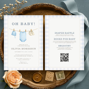 Invitación Todo en uno Oh Baby Blue Gingham Baby Shower Niño