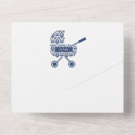 Invitación Todo En Uno Oh Baby Navy Damask Pram Baby Shower