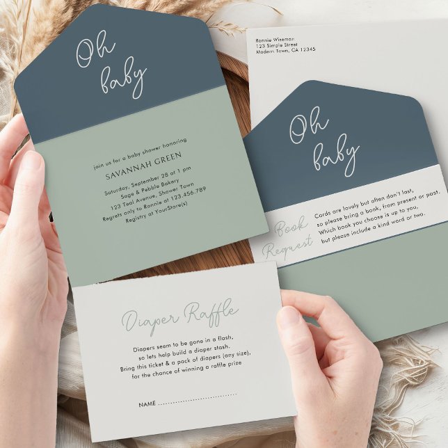 Invitación Todo En Uno Oh Baby Sage Green Books Diapers y Baby Shower (All-in-One Invitation, Diaper Raffle + Book Request from my Tricolor Baby Shower Collection)
