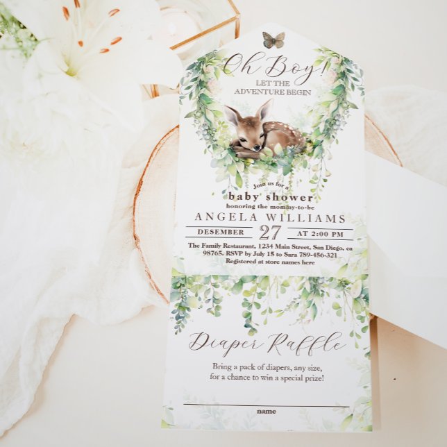 Invitación Todo En Uno Oh Boy Adventure Woodland Greenery Baby Shower (Subido por el creador)