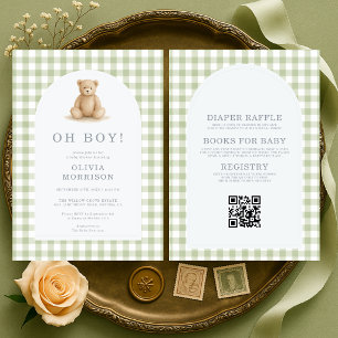 Invitación Todo en Uno Oh Boy Bear Sage Gingham Baby Shower