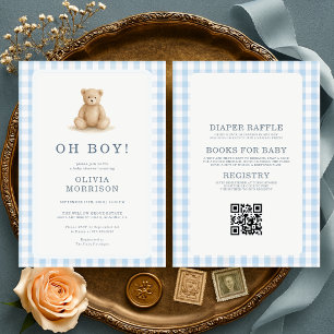 Invitación Todo en uno Oh Boy Teddy Bear Gingham Baby Shower