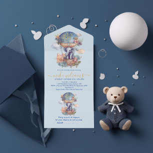 Invitación Todo En Uno Oh chico azul acuarela elefante ducha bebé