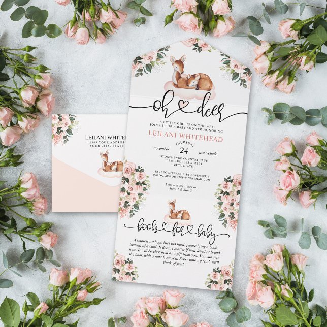 Invitación Todo En Uno Oh Deer Baby Shower Floral Books (Oh deer watercolor pink floral baby shower all in one invitation with a books for baby card attached)
