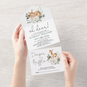 Invitación Todo En Uno Oh Deer   Sweet White Floral Greeneration Baby Sho