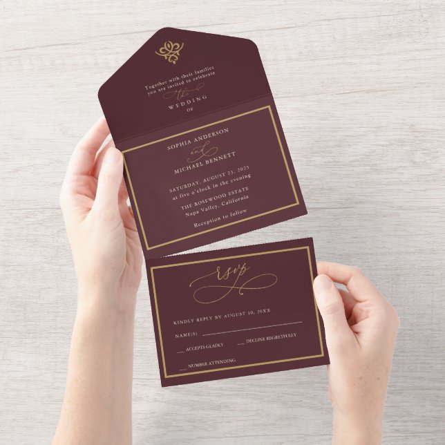 Invitación Todo En Uno Old Money Burgundy Wedding (desgarro)