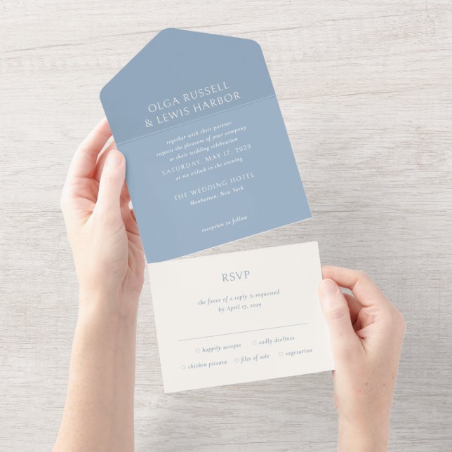 Invitación Todo En Uno Olga Dusty Blue Modern Boda (desgarro)