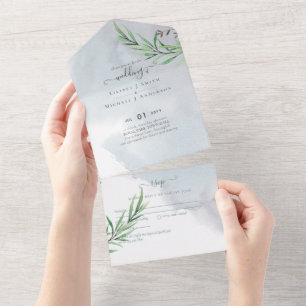 Invitación Todo En Uno Olive Leaves Boda Dusty Blue Lemon